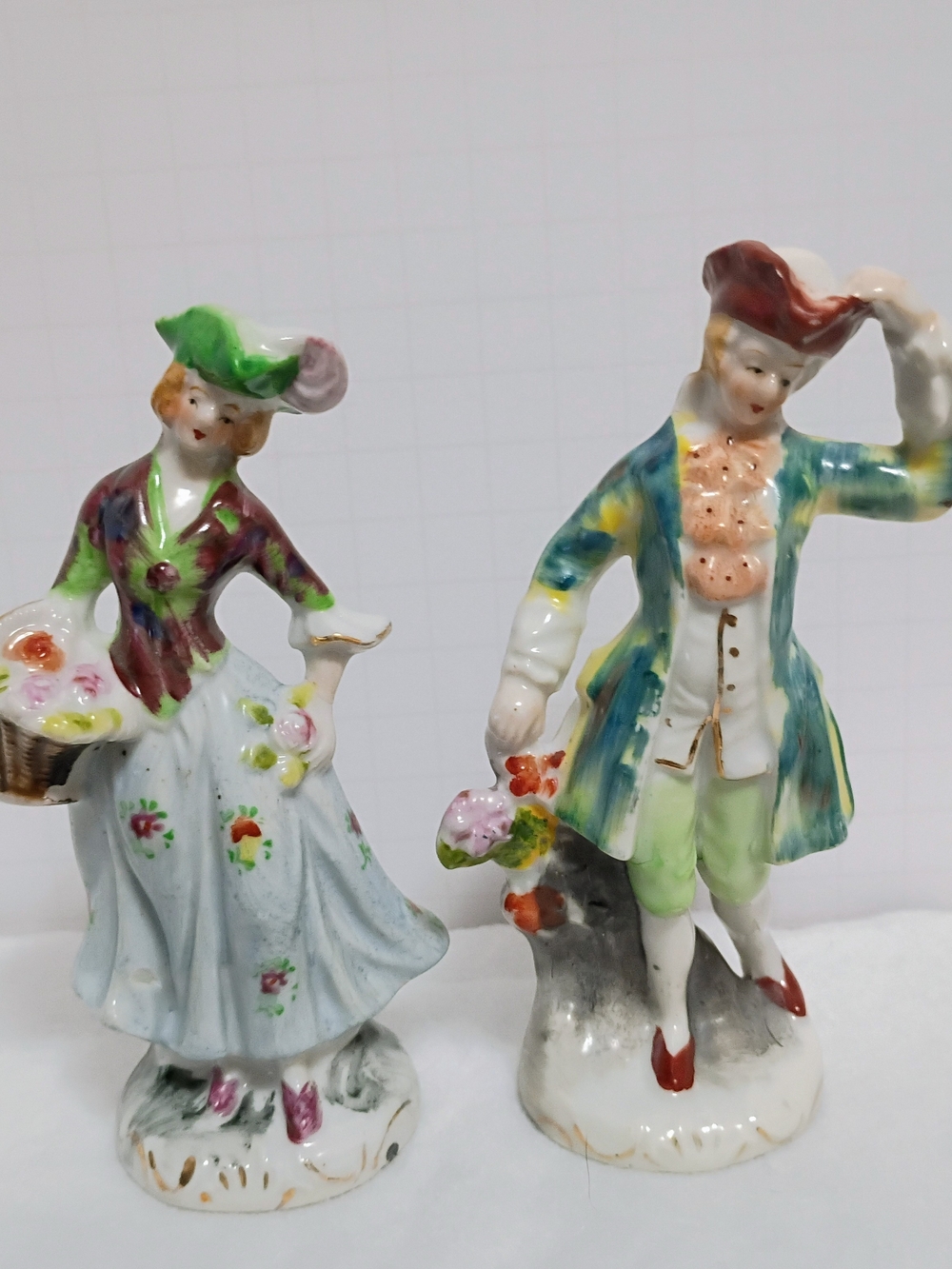 Hand-Painted Porcelain Figurine Pair - Floral 18th Century Style